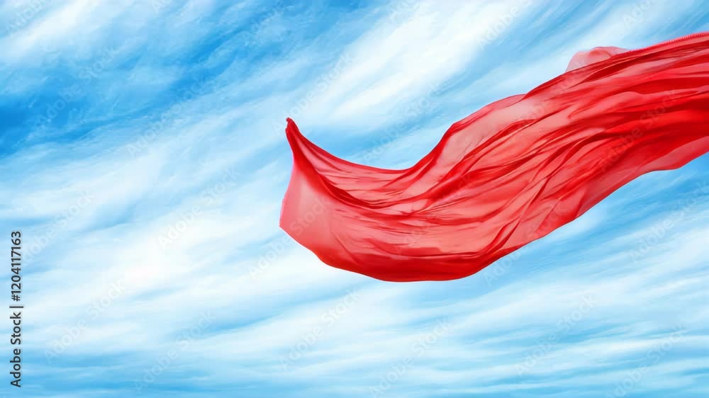 Poster waving red fabric against a blue sky captures movement and vibrancy in a serene setting