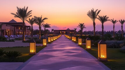 Fototapeta premium Lantern-lit pathways at an oasis resort glowing against the warm sunset backdrop, leading to a luxurious Arabian villa.