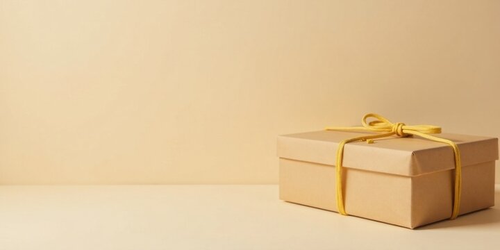 A Simple Brown Gift Box with a Yellow Bow on a Neutral Background