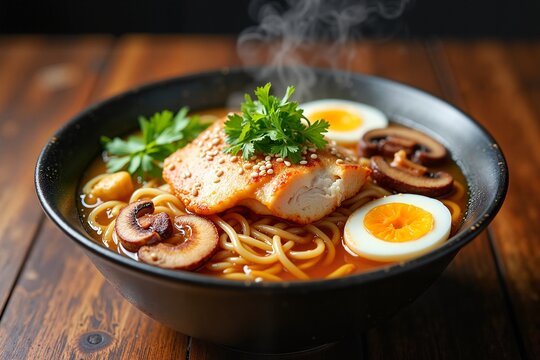 Delicious ramen bowl with chicken, eggs, mushrooms, and ginger garnished with cilantro, showcasing fresh culinary art. Cover for cookery books or restaurant advertising - Powered by Adobe
