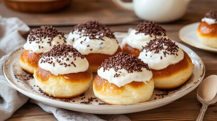 Delicious freshly baked cream-filled donuts topped with whipped cream and chocolate sprinkles on a rustic wooden table with copy space