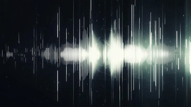This modern and sleek spectrogram design features glowing white waveform patterns set against a deep black background.  Generative AI