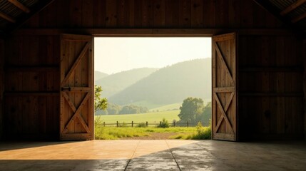 Fototapeta premium Rustic wooden barn doors open to reveal a tranquil pastoral landscape, bathed in the soft glow of morning light, offering a serene and peaceful vista beyond.