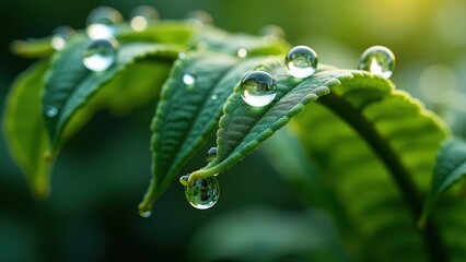 Close-Up of Dew Drops on a Green Fern Leaf in Morning Light

