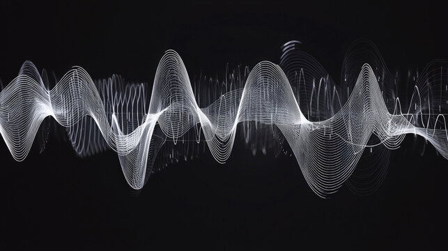 This modern and sleek spectrogram design features glowing white waveform patterns set against a deep black background.  Generative AI