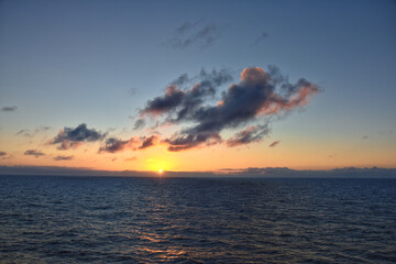 Nordic Ocean Sunrise of the coast of Norway from boat, Summer 2024, Scandinavia, Europe.
