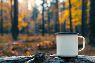 Cozy White Mug on Log Surrounded by Autumn Forest Landscape