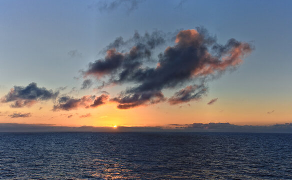 Nordic Ocean Sunrise of the coast of Norway from boat, Summer 2024, Scandinavia, Europe.
