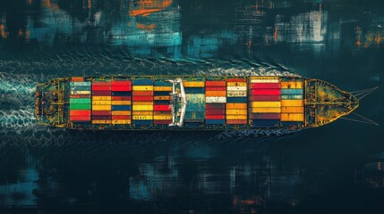 container ship in import export and business logistic.By crane ,Trade Port , Shipping.cargo to harbor.Aerial view.Water transport.International.Shell Marine.Top view animation Triadic Color Scheme 