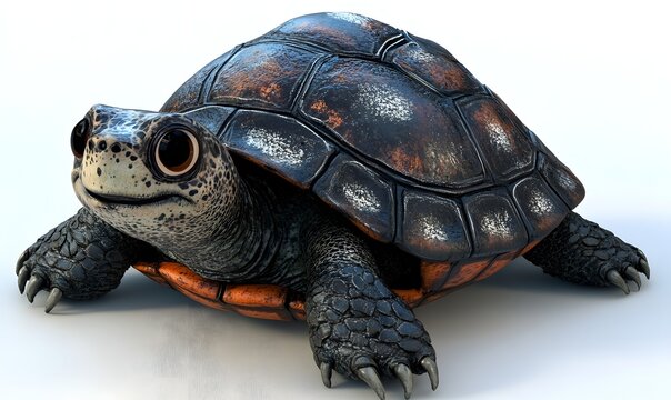 Cute baby turtle with dark shell and orange accents on white background.