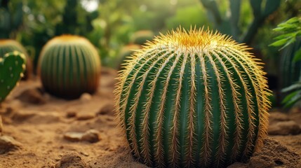 Cactus plant with spines in desert landscape with blurred background and soft natural light Copy Space