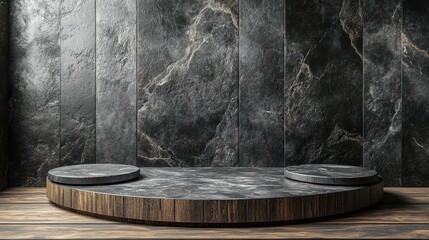 Modern minimalist display podium with textured stone backdrop in a stylish interior setting
