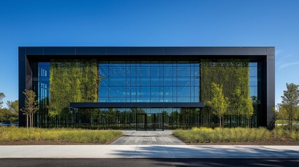 Modern office building with glass facade surrounded by greenery on sunny day