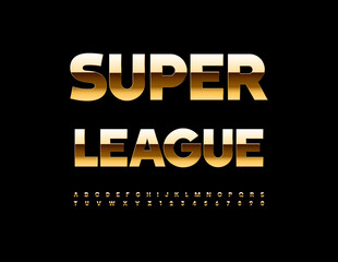 Vector premium emblem Super League. Glossy elite Font. Gold set of Alphabet Letters and Numbers
