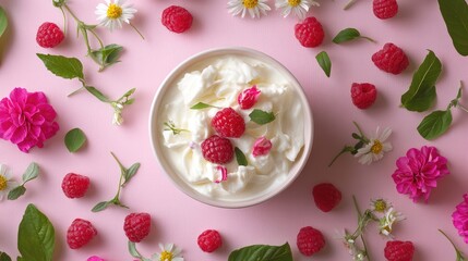 Naklejka premium Yogurt bowl decorated with fresh raspberries, edible flowers, and green leaves on a pink background with copy space.