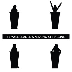 Vector Illustration of Female Leader Speaking at Tribune. Simple Flat Design Depicting Empowerment, Public Speaking, and Leadership.