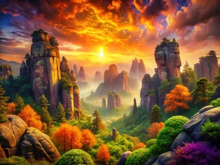 Vintage Surreal Fantasy Landscape: Orange, Green, Purple Dreamscape