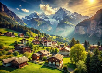 Vintage Swiss Alpine Village: Picturesque Chalet Homes & Majestic Mountains