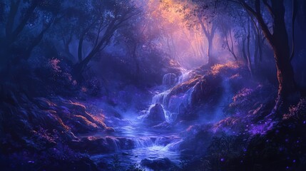 Mysterious forest landscape with soft glowing light and a flowing waterfall surrounded by lush vegetation and rocks at dusk Copy Space