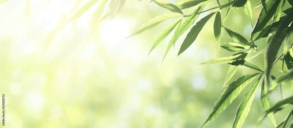 Poster sunlight filtering through bamboo leaves with soft green background and copy space for text placemen