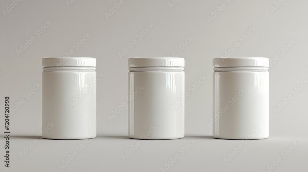 Poster three white containers with lids arranged in a row on a simple background with copy space for text p