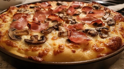 Delicious pizza topped with ham, mushrooms, and melted cheese in a round baking pan with Copy Space for text.
