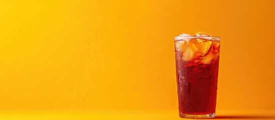 Refreshing iced beverage with ice cubes in a tall glass on a bright orange background with copy space.