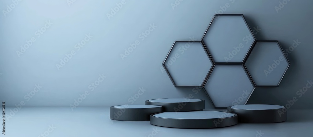 Poster abstract geometric background with hexagonal shapes and round platforms on a minimalist blue backdro