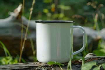 Obraz premium White Enamel Camping Mug on a Log Surrounded by Nature and Greenery
