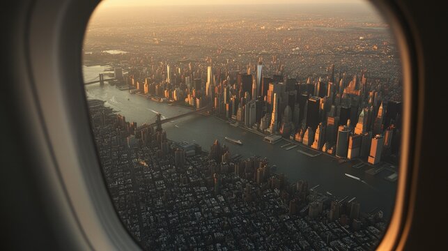 Fototapeta The view of a sprawling urban landscape bathed in soft morning light as seen through an airplane window mid-flight.