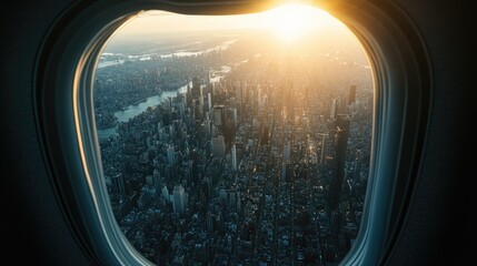 Fototapeta premium The view of a sprawling urban landscape bathed in soft morning light as seen through an airplane window mid-flight.