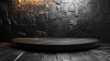 Dark, textured stage platform in an industrial setting with dramatic lighting and stone walls