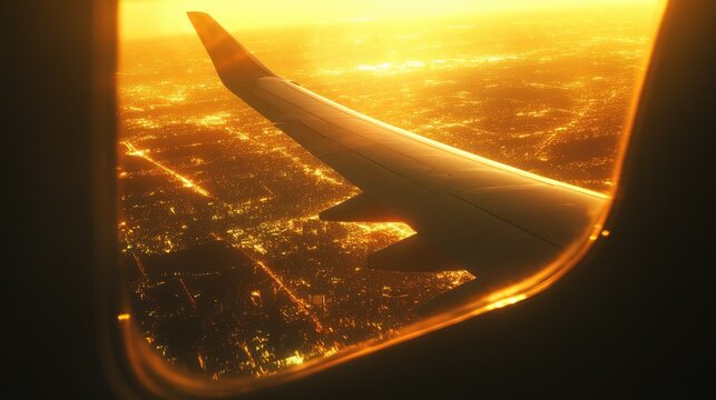 Fototapeta The wing of an airplane silhouetted against a glowing city below, seen through a window as the golden morning sun rises.