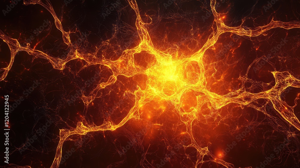 Poster abstract fiery energy network glowing in dark space with intricate lines and textures, copy space fo
