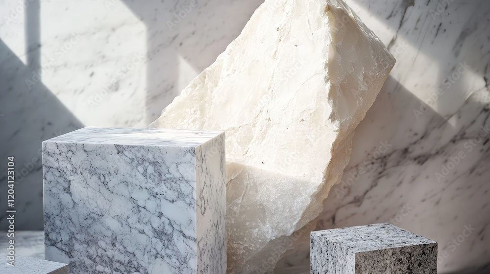 Poster textured marble blocks in various sizes and shapes showcasing natural patterns and lighting against 