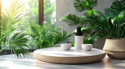 Modern minimalist decor featuring a round wooden tray with two small cups and a skincare bottle, surrounded by lush greenery in a bright, sunlit room