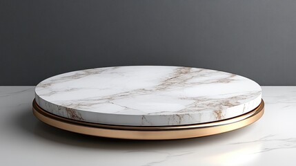 Elegant marble display stand with golden accents, set against a minimalist gray background