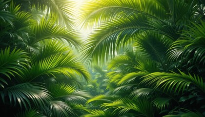 Fototapeta premium Rays of sunlight penetrate through a lush canopy, casting a golden glow on vibrant green palm leaves. The tropical atmosphere is tranquil and inviting, showcasing nature's splendor