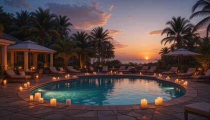 Obraz premium As the sun dips below the horizon, glowing candles illuminate the poolside, surrounded by lush palm trees, creating a serene atmosphere perfect for relaxation and reflection