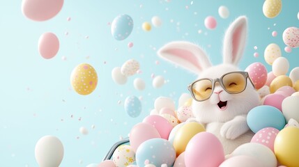 Obraz premium Cute bunny with pastel eggs in playful scene.