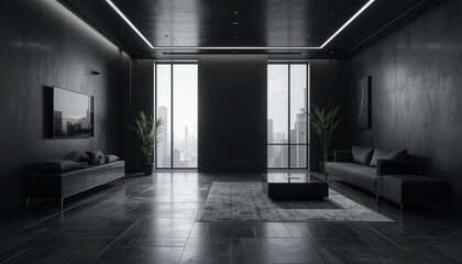 Obraz premium This serene urban interior features a dark palette and minimalistic design. Large windows reveal a city skyline, capturing the essence of modern living and tranquility at dusk