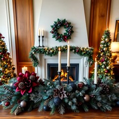 Festive Christmas fireplace and table arrangement.