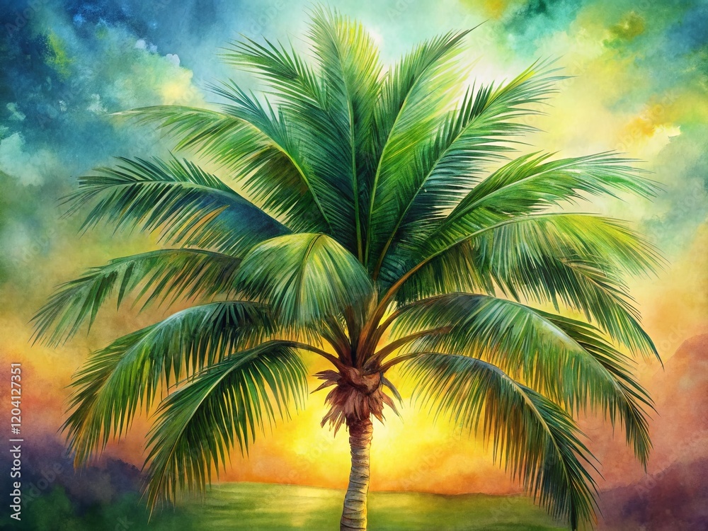 Wall mural Watercolor Palm Tree Painting, Lush Green Fronds, Soft Textured Background, Low Light Art