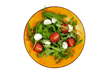 Fresh salad with arugula, cherry tomatoes, and mozzarella balls served in a vibrant bowl showcasing colorful ingredients, isolate on white.