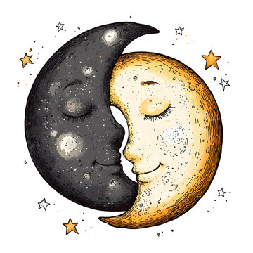 Cartoon Doodle Quintuple Crescent Moon on Clean White Background