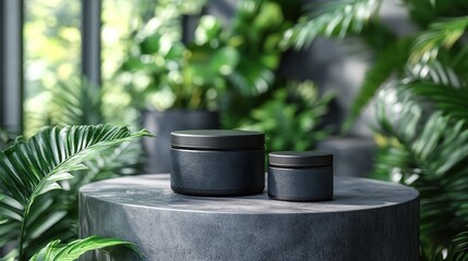 Elegant black containers on a stone pedestal surrounded by lush greenery in a serene indoor setting