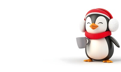 Fototapeta premium Cute cartoon penguin in winter hat, scarf, and earmuffs holding a mug.