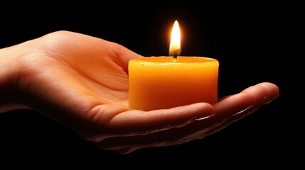 Hand Holding a Lit Candle Symbolizing Light and Serenity in Darkness