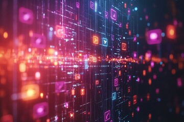 Obraz premium Data stream, digital network, glowing icons, abstract background, tech concept