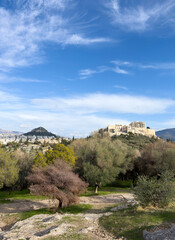 Athens, Greece. Parthenon, Acropolis hill and mount Lycabettus view from Areopagus hill